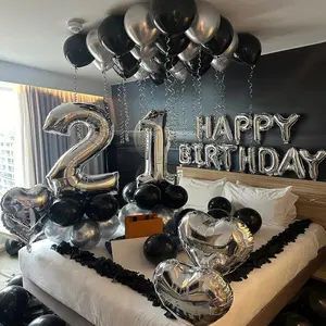 1050pcs Silver Party Banner Heart Aluminum Foil Balloons Rose Petals, Happy Birthday Balloon Banner, Birthday Anniversary Atmosphere Decoration
