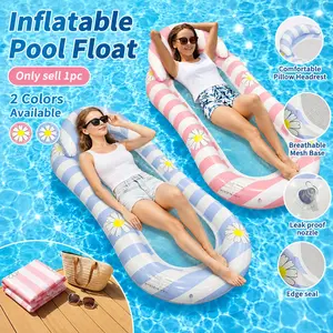 Large Inflatable Pool Float, Stripe Daisy Flower Fruit Pattern, Comfortable Headrest and Breathable Mesh Bottom, Lake Float Raft, Heavy Duty Water Lounger for Tanning and Relaxation, Portable Summer Floating Mat, for Swimming Pool and Beach