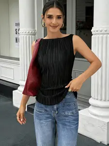 Elegant Women's Summer Wide Collar Sleeveless Ruched Fabric Belt Shirt, Deep Blouse, Chocolate Top, Standard Size