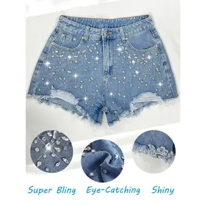 Bling Rhinestone Light Wash Denim Shorts for Women – Handmade Full Sparkle Mid Waist Summer Jean Shorts