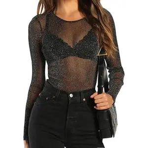 Women's Intimissimi Sheer Top mesh long sleeve top 2026 Y2K All-season sheer top Casual Long-sleeved Base Layer, Nightout see-through SpringStatements Black Womenswear Blouse