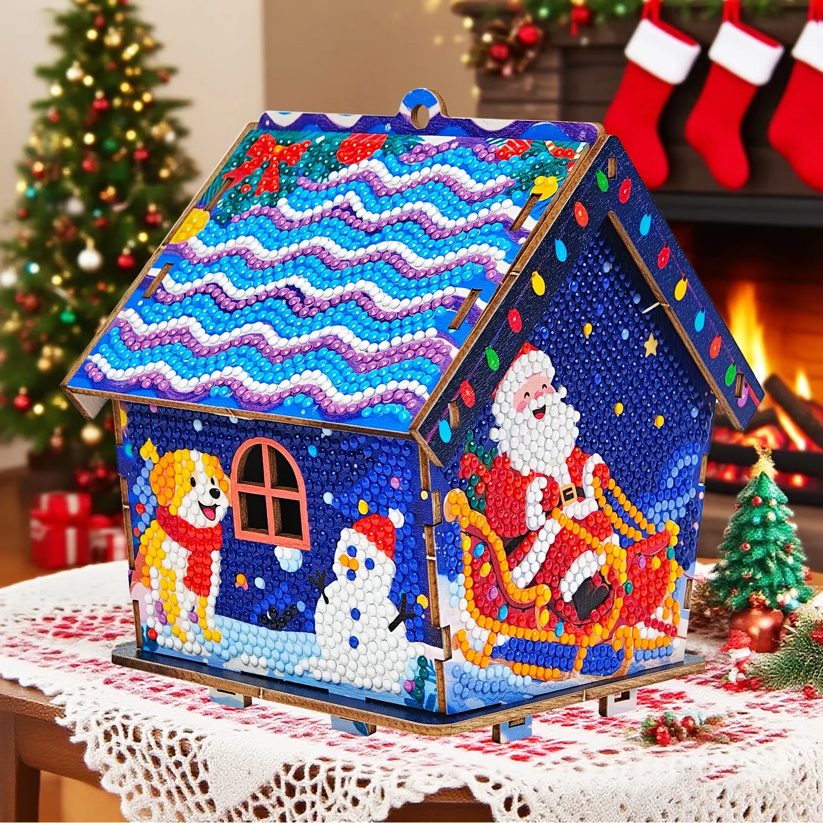 3D Wooden Puzzle DIY Gingerbread House Diamond Painting Kit - Interactive Stress-Relieving Craft for Adults, Parent-Child Activity, Home Desktop Decor, Creative Holiday Gift