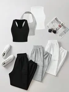 Women's Solid Color Crop Tank Top & High Waist Pants Set, Casual Sleeveless Top & Trousers for Daily Wear, Ladies  Outfits for All Seasons