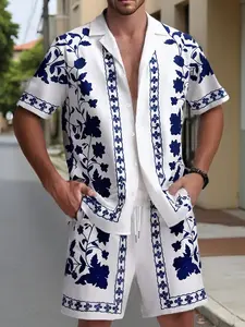 Men's Ethnic Pattern Button Front Shirt & Shorts Loungewear Two-Piece Set, Casual Comfy Short Sleeve Top & Shorts PJ Set, Men's Sleepwear for Summer