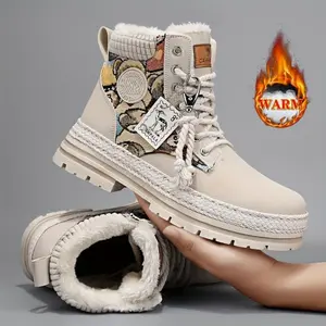 Autumn and Winter New Men's High-top Grass Weave Bear Pattern Boots Warm Work Boots Outdoor Motorcycle Boots