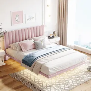 Queen Size Upholstered Bed with Sensor Light and Headboard, Floating Velvet Platform Bed, Pink-WF305618AAH