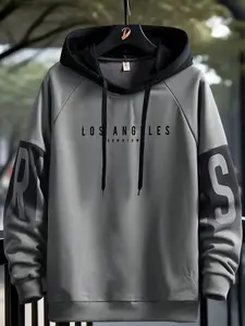 Men's Raglan Sleeve Hoodie with Drawstring, Comfortable Casual Daily Wear, Fashion Trendy Hooded Sweatshirt, Letter Graphic Design, Fitted, Long Sleeve