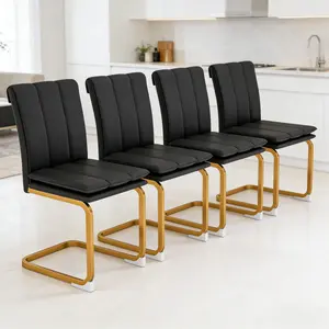 4-Piece Black PU Dining Chairs,Modern Dining Chairs Set of 4, Black Faux Leather Upholstered Chair with Gold Cantilever Metal Frame, 330lbs Heavy Duty Load Bearing, Easy Assembly Side Chairs for Dining Room Kitchen Living Room Restaurant