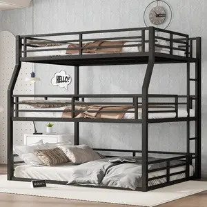 Heavy Duty Metal Triple Bunk Bed Frame, Full XL Over Queen Over Queen Bunk Bed with Ladder & Safety Guardrail for 3, Noise Reduced Structure,No Box Spring Needed, Black