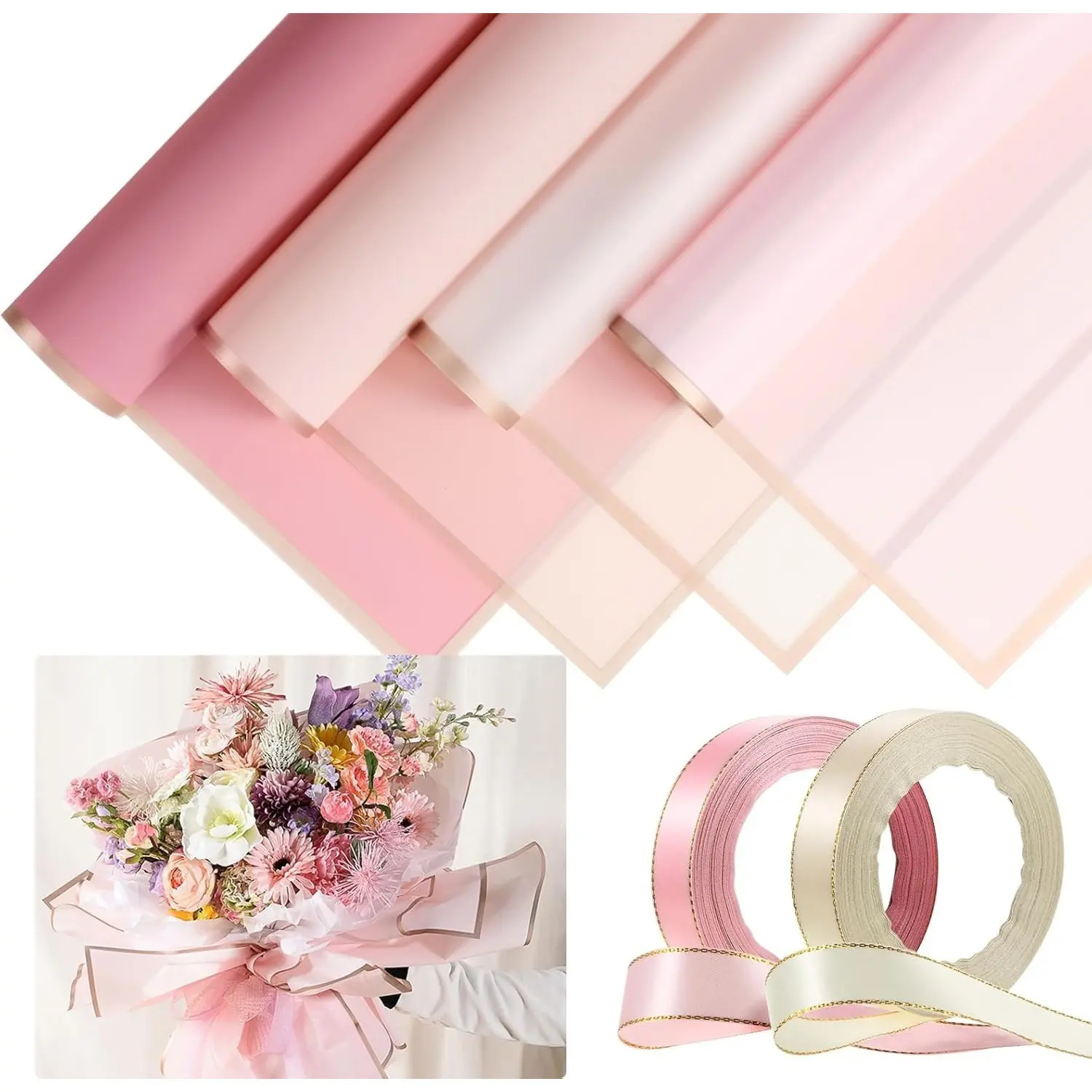 20Pcs Rosy Floral Gift Wrapping Paper Sheets with Satin Ribbon - Bouquet Wrapper, Home Improvement Supplies for Class of 2025 Congrats, Lover Gifting Decor