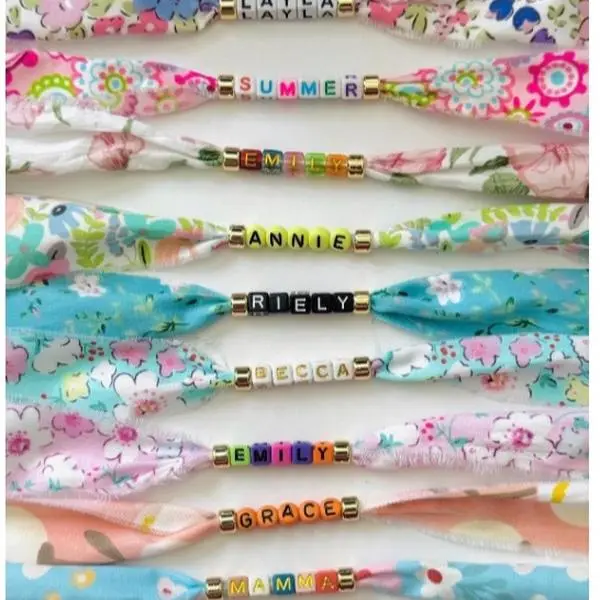 Women's Personalized Name Cotton Fabric Bracelets - Flower Print, Gold-Plated Spacers, Alphabet Letter Words Fashion Accessory