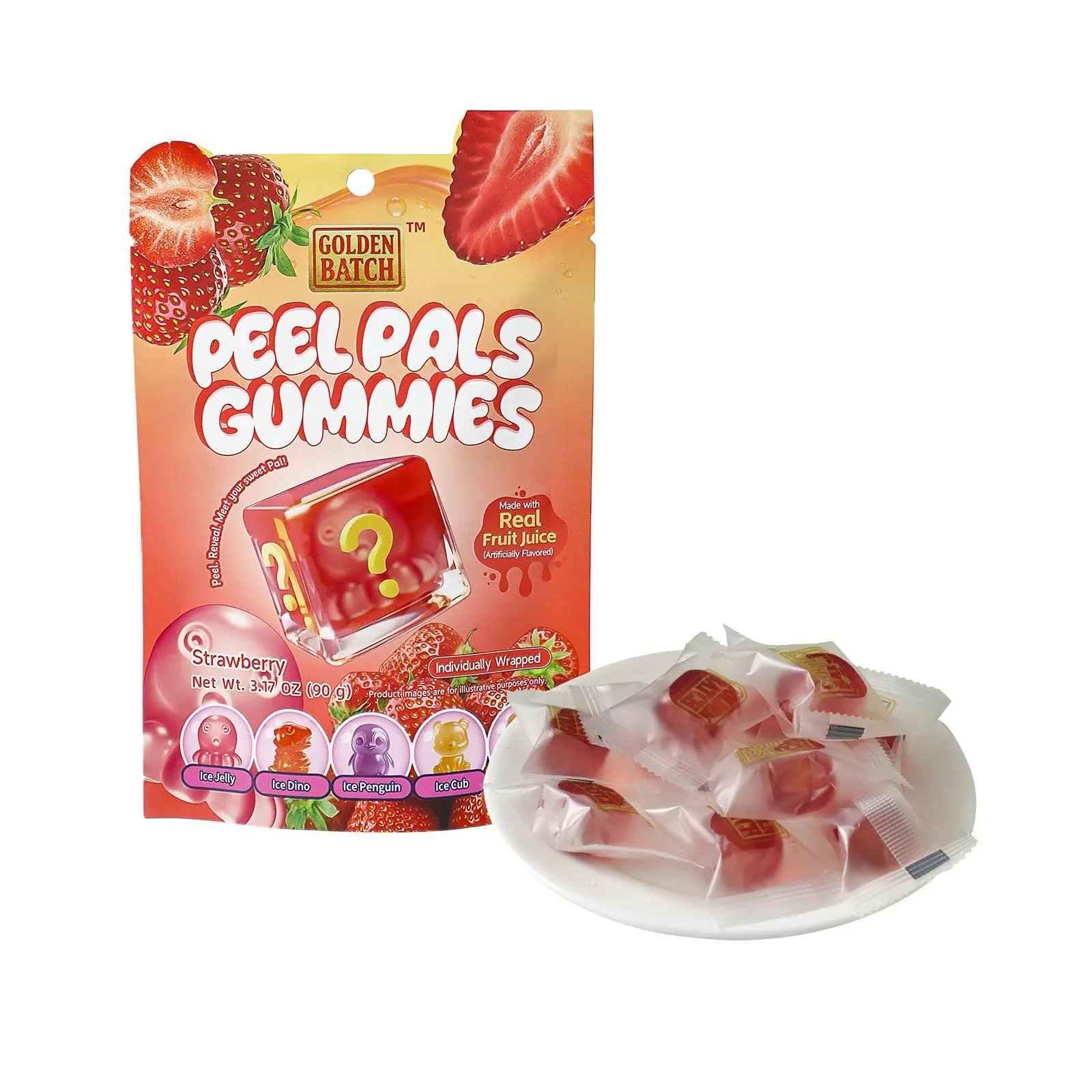 Peelable Strawberry Gummies Candy - Double Layer Real Fruit Juice Chewy Snacks with Natural Ingredients, Coconut Oil, Gelatin, Halal, 3.17 oz, 18 Months Shelf Life, High Vitamin C, Water-Infused Treat for Lunchbox, All Ages Soft Chewy Snacks Candy Sweets
