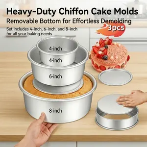 3Pcs Thickened Chiffon Cake Pan Set, 4/6/8 Inch, Removable Bottom for Easy Release, Ideal for Home Baking