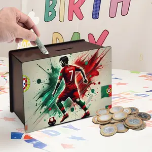 Wooden Piggy Bank, 2D Printed Soccer Design, Family Coin Savings Jar, Teen Holiday Gift, Long Rectangle, Birthday Party, Independence Day, Back-To-School