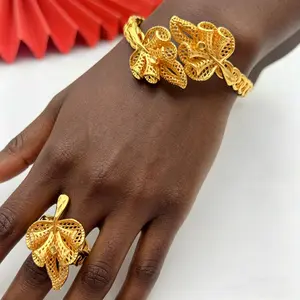 ANIID African Cuff Bangles With Rings Wedding Banquet Gifts Indian Women Flower Charm Adjustable Gold Color Bangle Wholesale