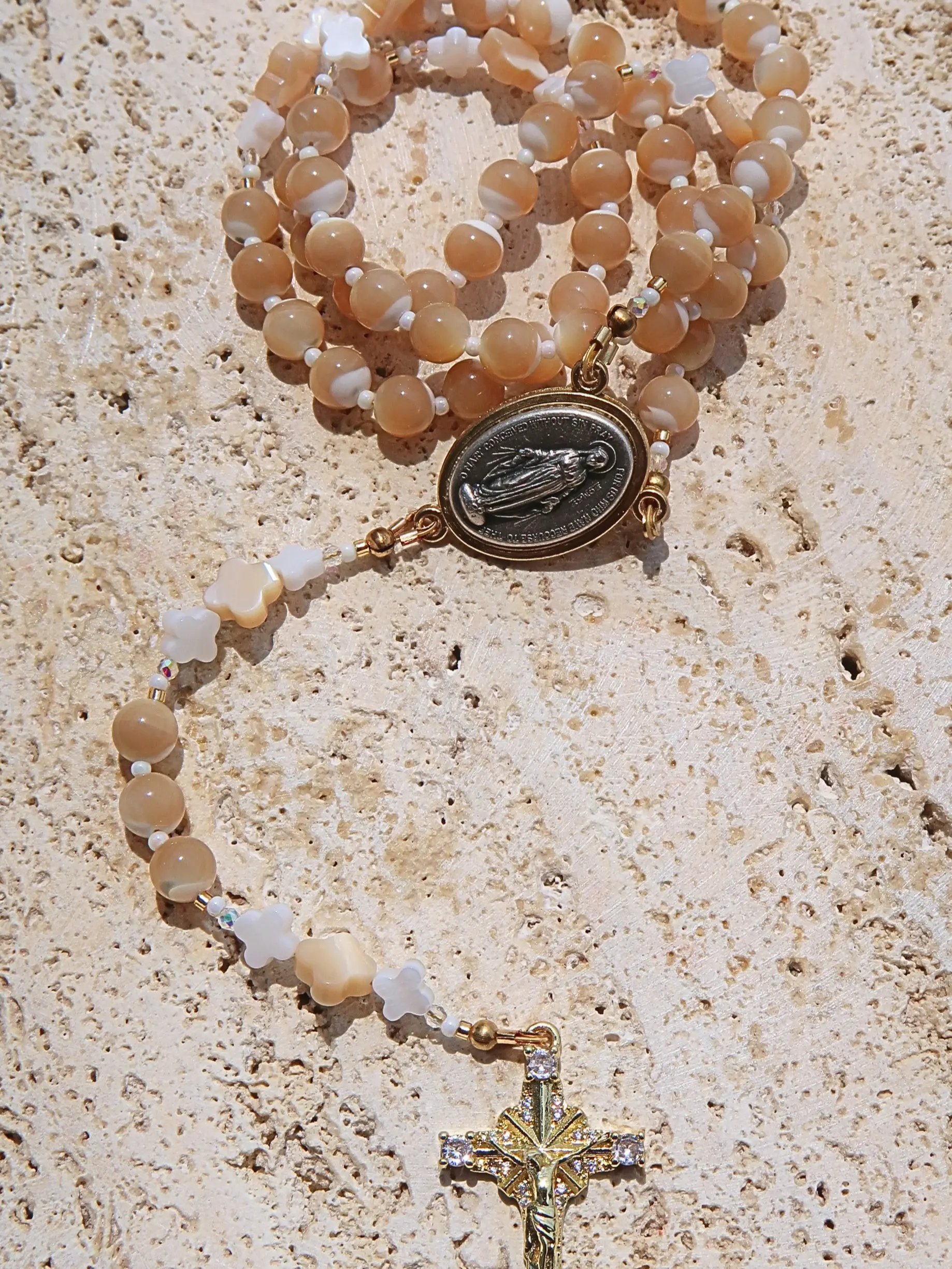 Handmade Beige Rosary | Miraculous Medal Rosary | Mother of Pearl Cross Rosary | Catholic Prayer Beads | Christian Gift