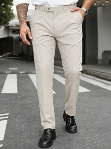 Men's Business Casual Cone Cut Nine-Quarter Pocket Pants, Adjustable Waist Buckle Half Elastic Waist Pleated Leisure Suit Trousers