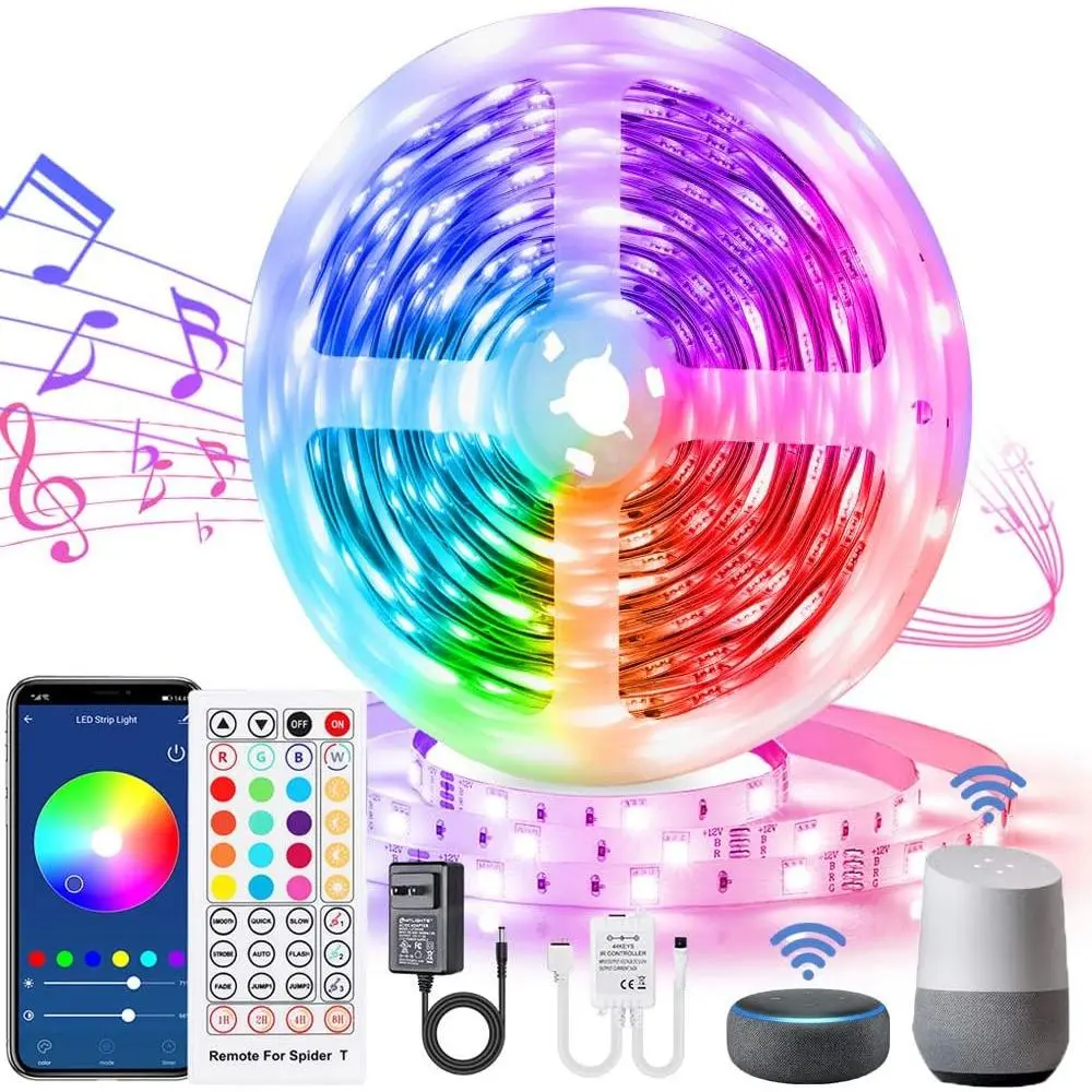 10-15, 20-30, 60-meter smart LED light strip, music synchronization color change function, suitable for living room TV background, Douyin party scene, Google Home linkage (including remote control, voice control and APP control)