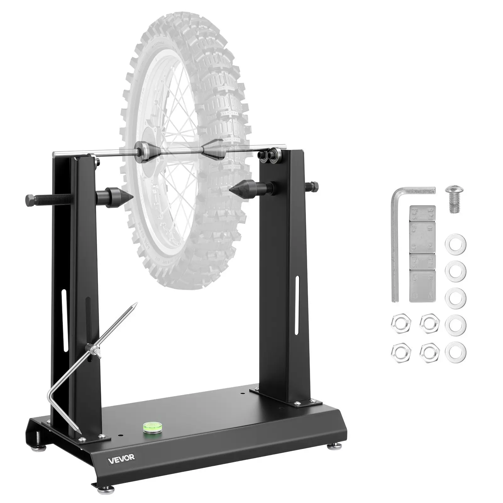 【Summerfinds】VEVOR Sturdy Frame Carbon Steel Motorcycle Wheel Balancer & Truing Stand, 88.2 lbs Capacity, 35 in Dia, 0.65"-1.5" Axle, Adjustable Cones, Truing Pointer, Smooth Tool for Hollow & Solid Axles, 25.6 lbs, 19.3x11.8x21.5 in Accurate Correction
