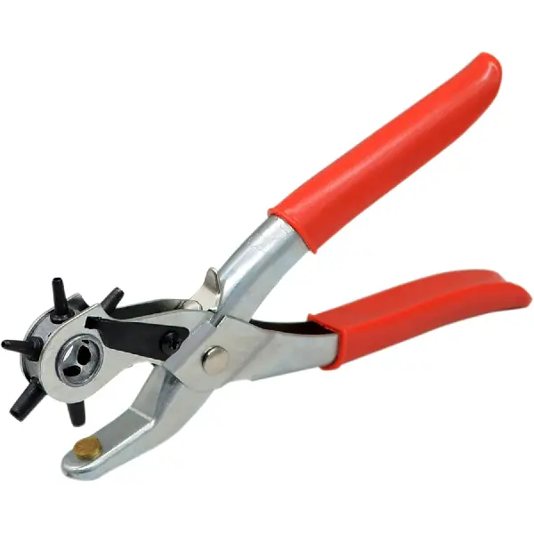 Leather Hole Punch Tool Kit – Heavy Duty Rotary Punch with 6 Hole Sizes, Belt Hole Puncher for Leather, Watch Straps, Dog Collars, Saddles, Shoes, Fabric & Craft Projects, Ergonomic 9" Silver/Red