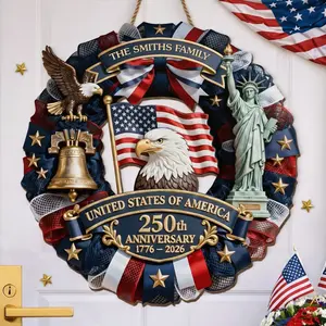 US 250th Anniversary Door Sign 1776-2026,Patriotic Wooden Wall Decor, Round EagleMemorial Day Decor, 4th of July Outdoor PorchPlaque