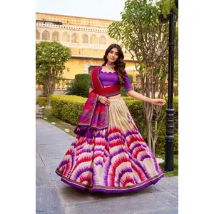 Women's 3-Piece Tasar Silk Tie-Dye Lehenga Choli Costumes Set - Lace Detailing, Crepe Fabric Blouse, Drawstring Waist, Festive Lady Clothes for Weddings