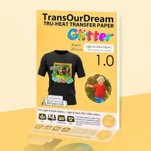 TransOurDream Glitter Heat Transfer Paper for Dark T-Shirts 20 Sheets 8.5x11" Iron on Transfers for Inkjet Printer Shiny Finish After Wash DIY Gifts Custom Wear