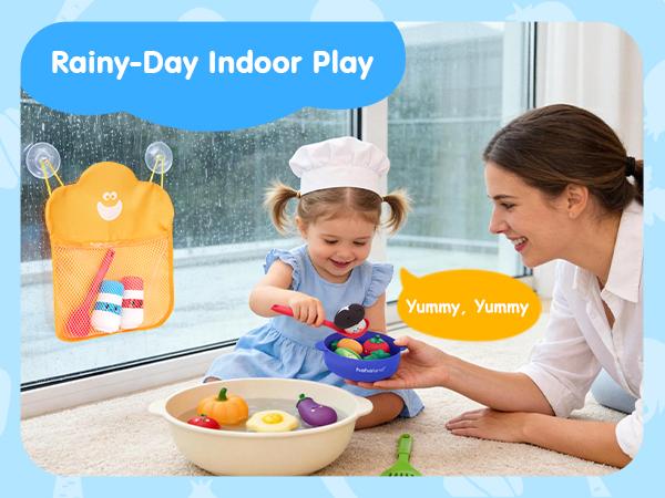 hahaland Color Changing Vegetable Soup Bath Toy Set for Toddlers 12m+, 15-Piece Set with Veggies, Pot, Spoon, Mesh Bag, No-Hole Mold-Free Smooth Plastic Easy-Grip All-Seasons Playset, Gift, Holiday, Color Change in 95°F+ (35°C+) Water