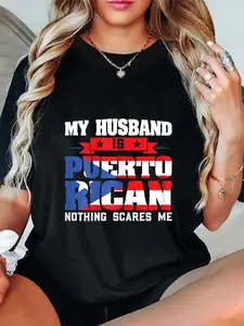 100% Cotton Unisex My Husband is Puerto Rican Puerto Rican Round Neck Short Sleeve T-Shirt Women's Men Graphic Tee