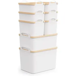 8 Packs Plastic Storage Bins with Lids Storage Organizing Containers Decorative Storage Boxes with Lids for Shelves Closet Desktop Playroom Classroom Office Drawers,White