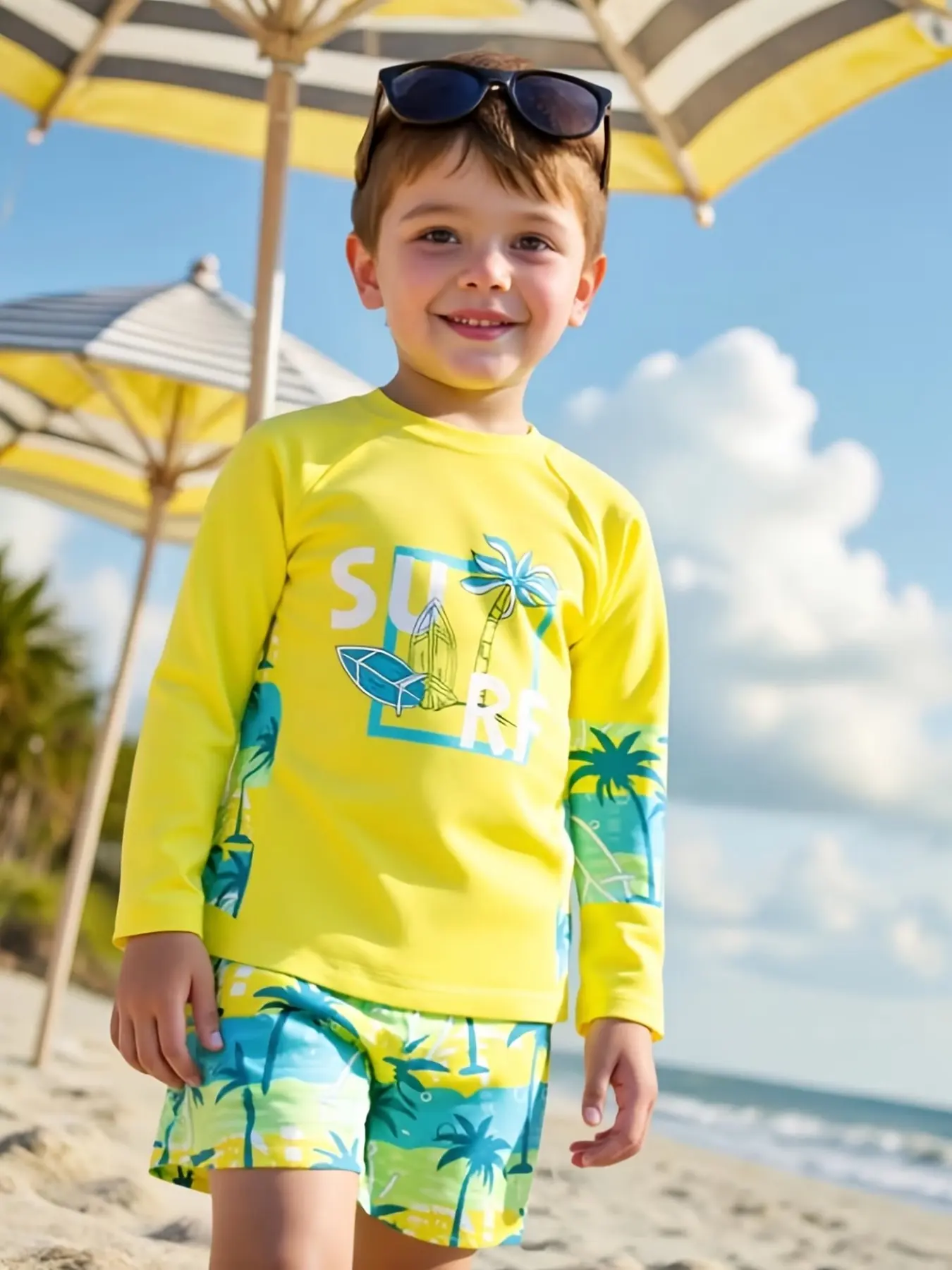 Surfing Coconut Tree Print Swimwear, Bright Long Sleeve Shorts, Summer Water Play Comfortable, Rash Guard Swimsuits Beach, Rash Guard Set, Rashguards
