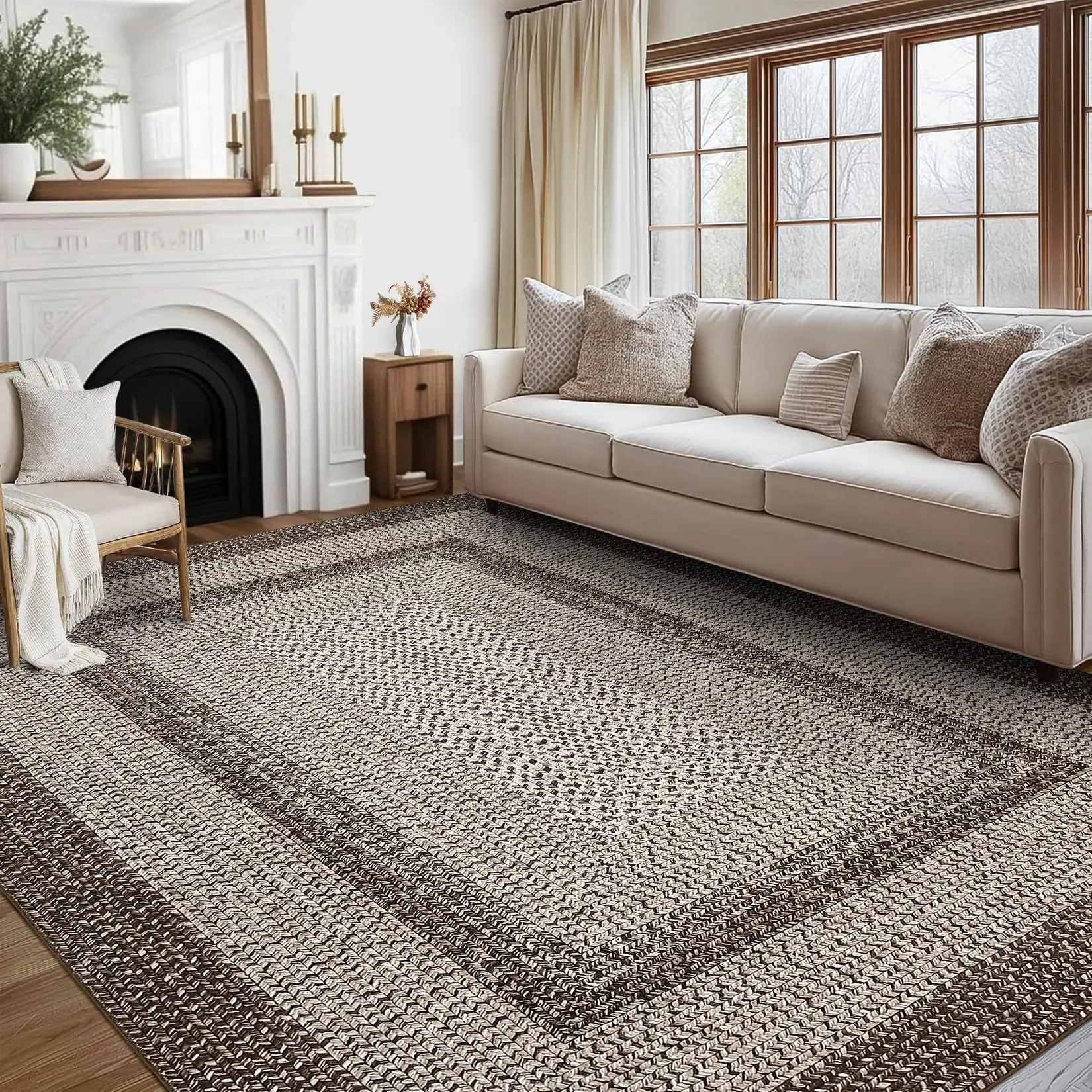 GARVEE 9x12 Area Rug Large Machine Washable Rug for Living Room Print Braided Floor Cover Stain Non-Slip Farmhouse Solid Printed Textured Carpet for Home Decor (Mocha)