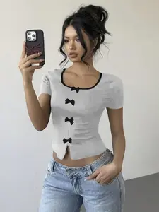 Back-To-School Campus Style Elegant Bow Tie Short Sleeve Knit T-Shirt, Women's Preppy Fashion Fit Tee, Casual Summer Top for Students