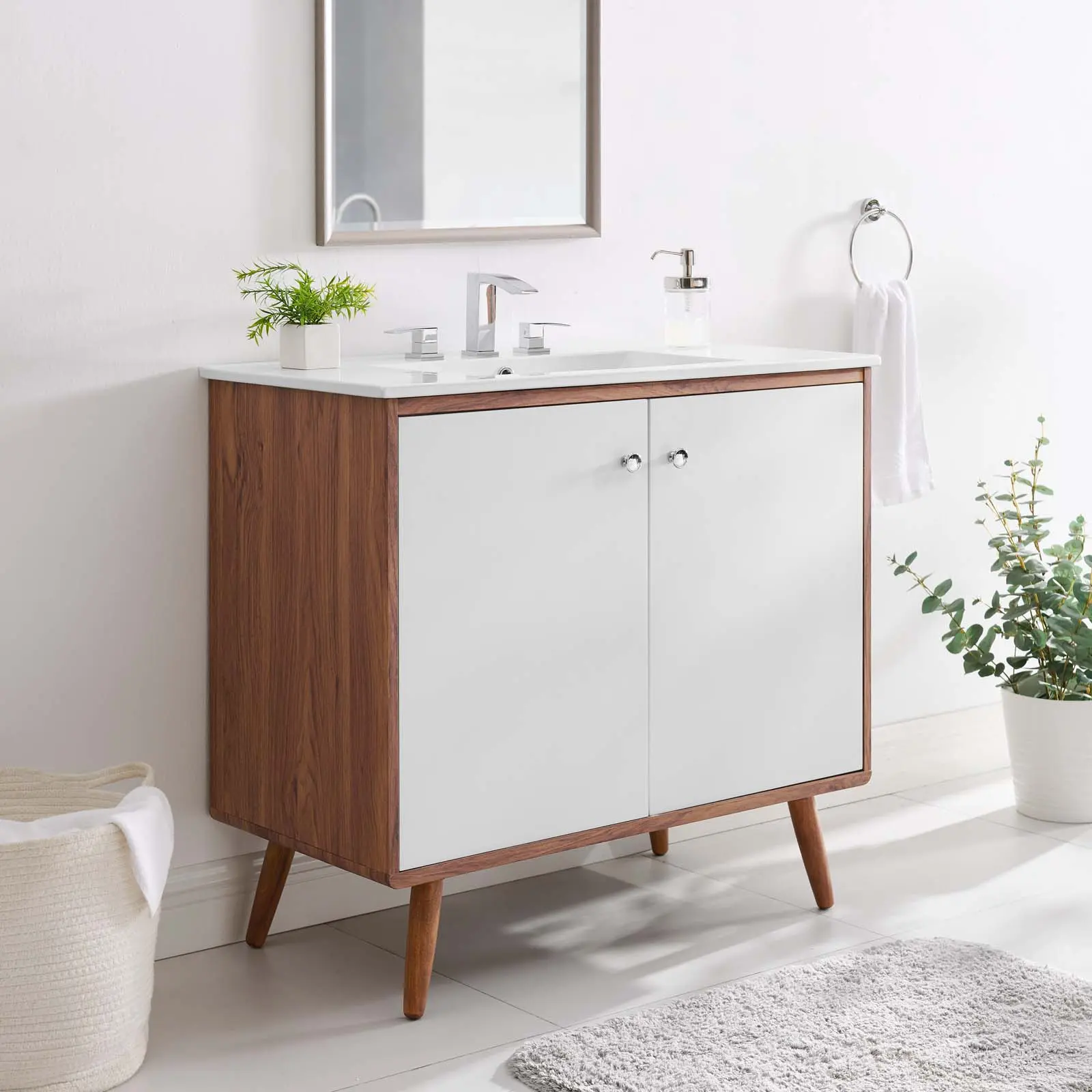 Modway Transmit 36" Bathroom Vanity with Wood Storage Cabinet, Walnut White Finish