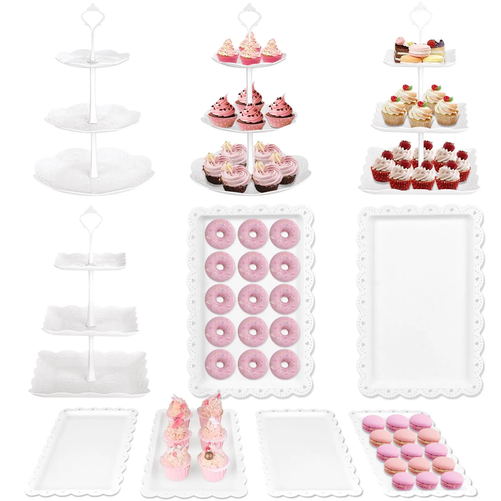 Kesaplan 10 Pcs/7pcs Cake Stand White Plastic Dessert Table Display Set 4 Pcs 3 Tired Cupcake Stand Cookie Tray Rack Serving Tray Cake Tower and 6 Pcs Dessert Tray for Wedding Baby Shower Tea Party