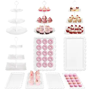 10 Pcs Cake Stand White Plastic Dessert Table Display Set 4 Pcs 3 Tired Cupcake Stand Cookie Tray Rack Serving Tray Cake Tower and 6 Pcs Dessert Tray for Wedding Baby Shower Tea Party