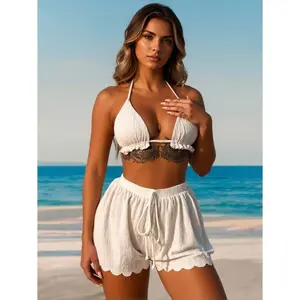 2026 New White Halter Bikini Set For Women - Ruffled Two Piece Swimsuit With High Waisted Cover Up Shorts - Scallop Trim Bathing Suit - Summer Beachwear