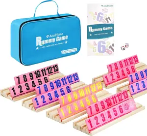 AzulHome 6-Player Rummy Cube Set for 12 Years Above - 6 Wooden Racks, 160 Acrylic Tiles, 1.5 Rummy Game, Travel Bag, Large Number Tiles, Family Classic Board Game (Pink)