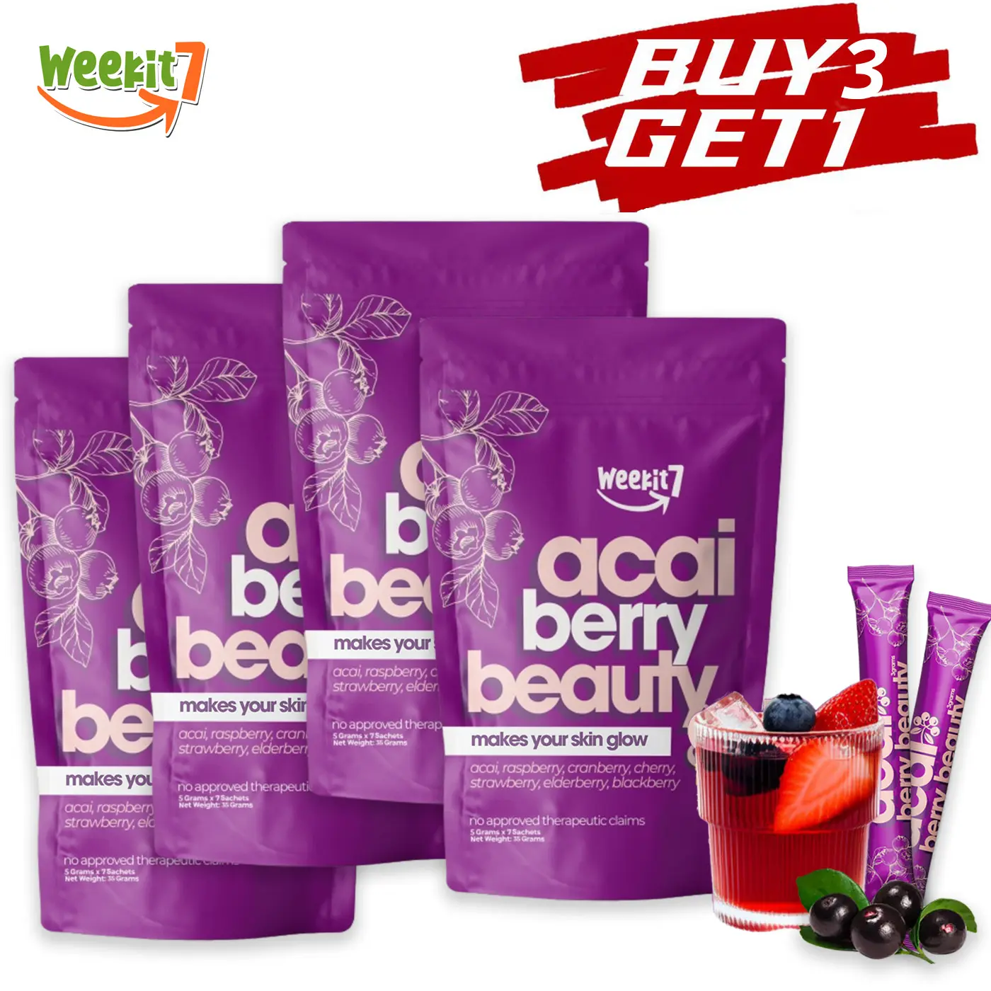 WeeKit7 7-in-1 Acai Berry Mixed Berries Dietary Supplement Powder - Natural Ingredients, Strawberry, Fiber, Edible Pouch, Vitamins, Skin Support, Immune Boost, Stress Relief, Women's Daily Health Drink Mix