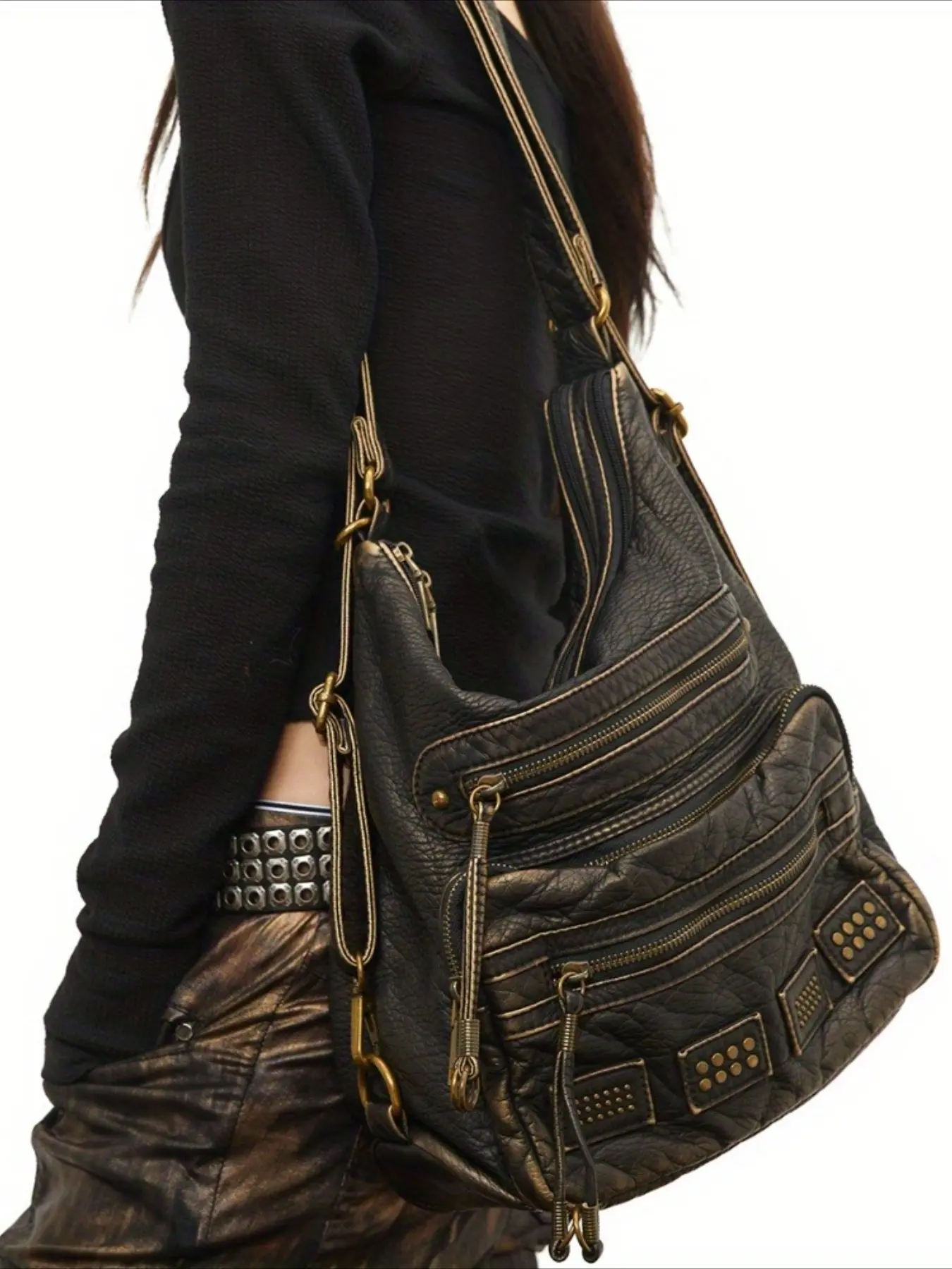 Retro style women's shoulder bag, multi pocket crossbody bag, Multi compartment design - large capacity, adjustable shoulder strap, zipper closure, solid color, synthetic leather, Quilted Bag - very suitable for daily use