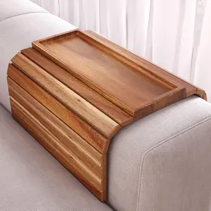 Acacia Wood Foldable Sofa Arm Tray - Multi-Segment Couch Armrest Tray with Anti-Slip Pad, Natural Look for Drinks, Snacks Modern Wood Table Solid Wood Table