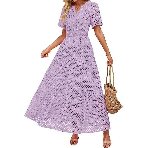 ZESICA Women's Chic Boho Casual Eyelet Embroidery Maxi Dress - Short Sleeve V-Neck Ruffle A-Line, Hollow Out Details, Flowy for Vacations, Events (Apricot, Fuchsia), Birthday