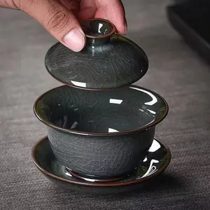 Longquan Celadon Iron Body Ice Crackle Gaiwan 180ml, Handcrafted Crackle Glaze Kung Fu Tea Bowl, High-Temperature Fired Porcelain Tea Set with Gift Box, Ideal for Gifting & Collection