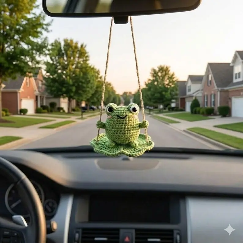 Cute Crochet Frog Car Hanging Charm, Amigurumi Frog on Lotus Leaf Rearview Mirror Ornament, Funny Animal Car Decor Gift