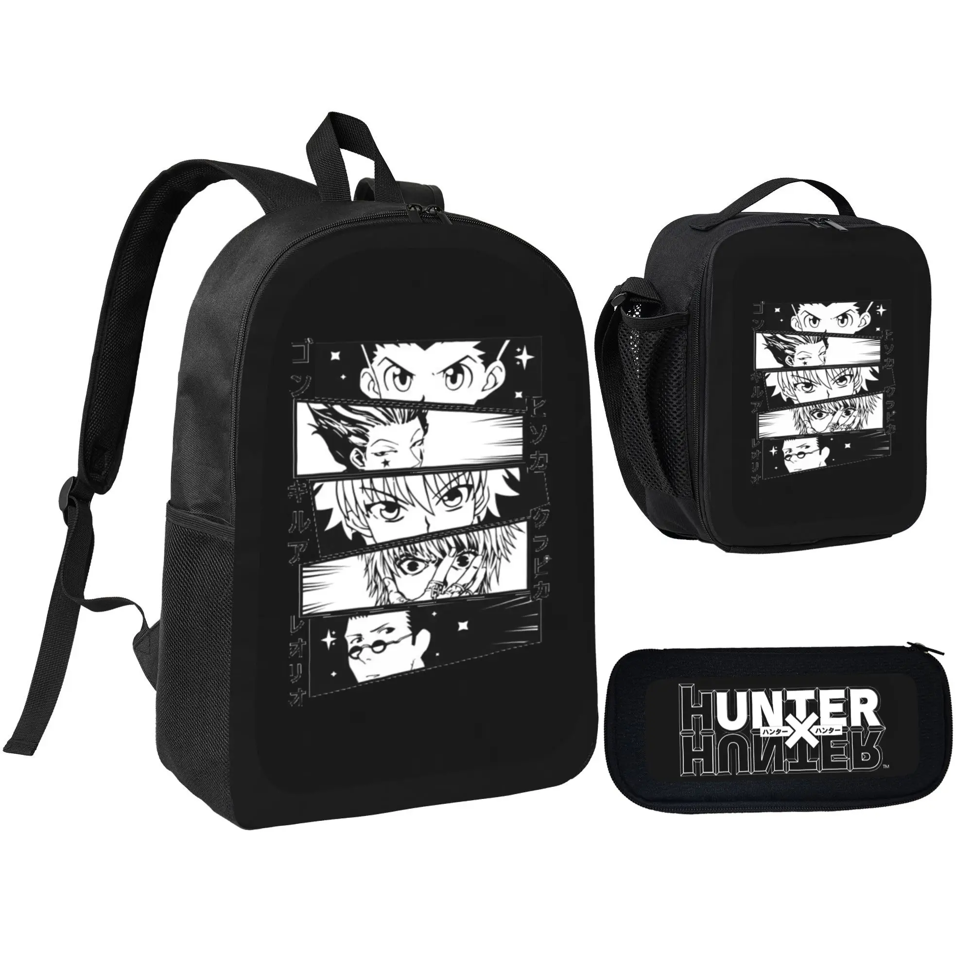 HUNTERXHUNTER Anime Fan Gift Backpack Set, 3 in 1 Hot Anime Printed School Bag Combo with Insulated Lunch Bag and Pencil Case, Adjustable Lightweight Daypack for Boys Girls Birthday Holiday Gift