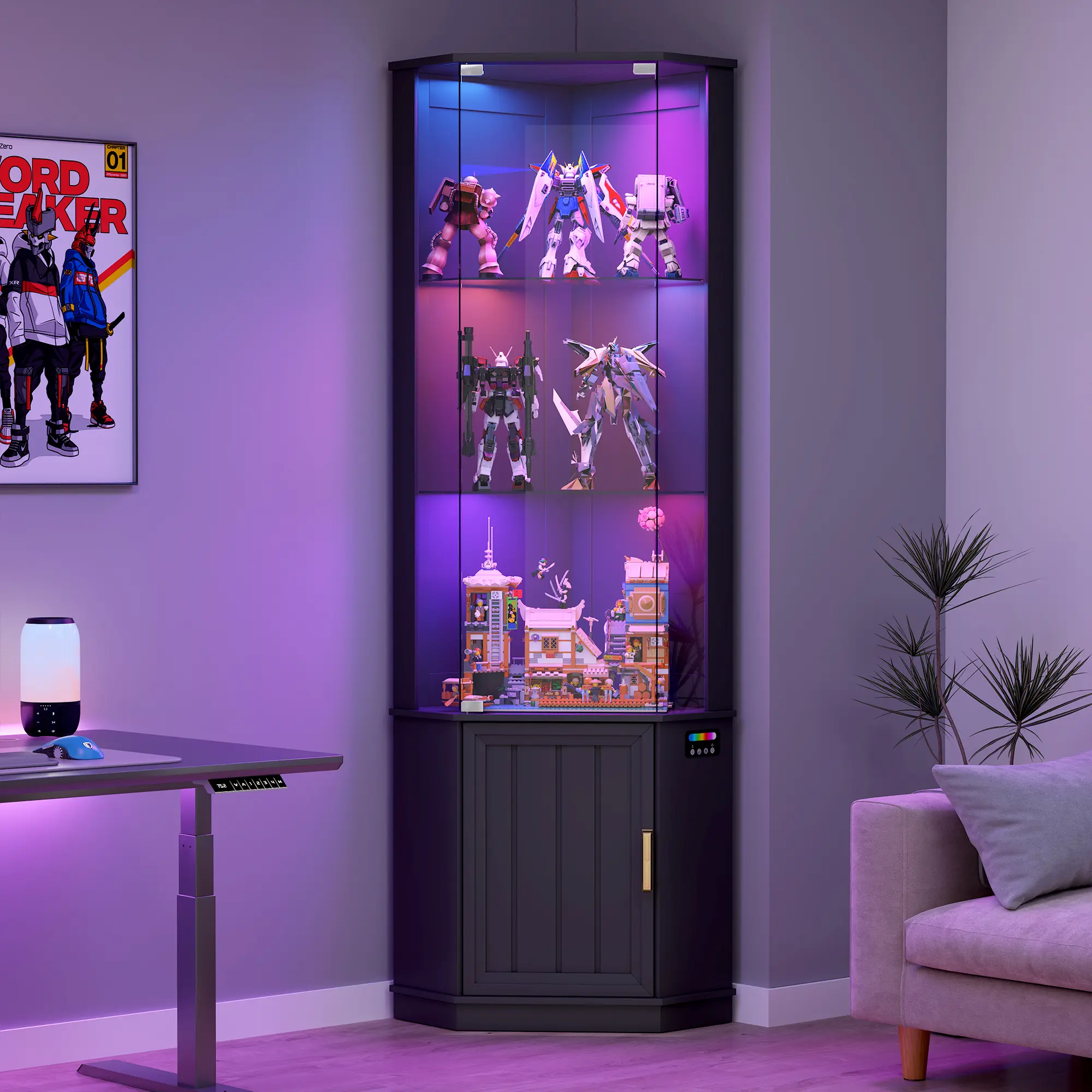 Dystler 69" Corner Glass Display Cabinet with RGB Lights, 3-Tier Movable Glass Shelves, Human Body Sensor Curio, Storage Cabinet for Living Room Decor, Books, Collectibles