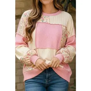 Pink Floral Ribbed Patchwork Top