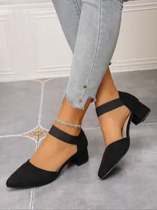 Women's High Heel Closed Toe Sandals, Fairy Style Spring Commuter Work Shoes, Pointed Toe Chunky Mid-Heel Velvet Women's Shoes