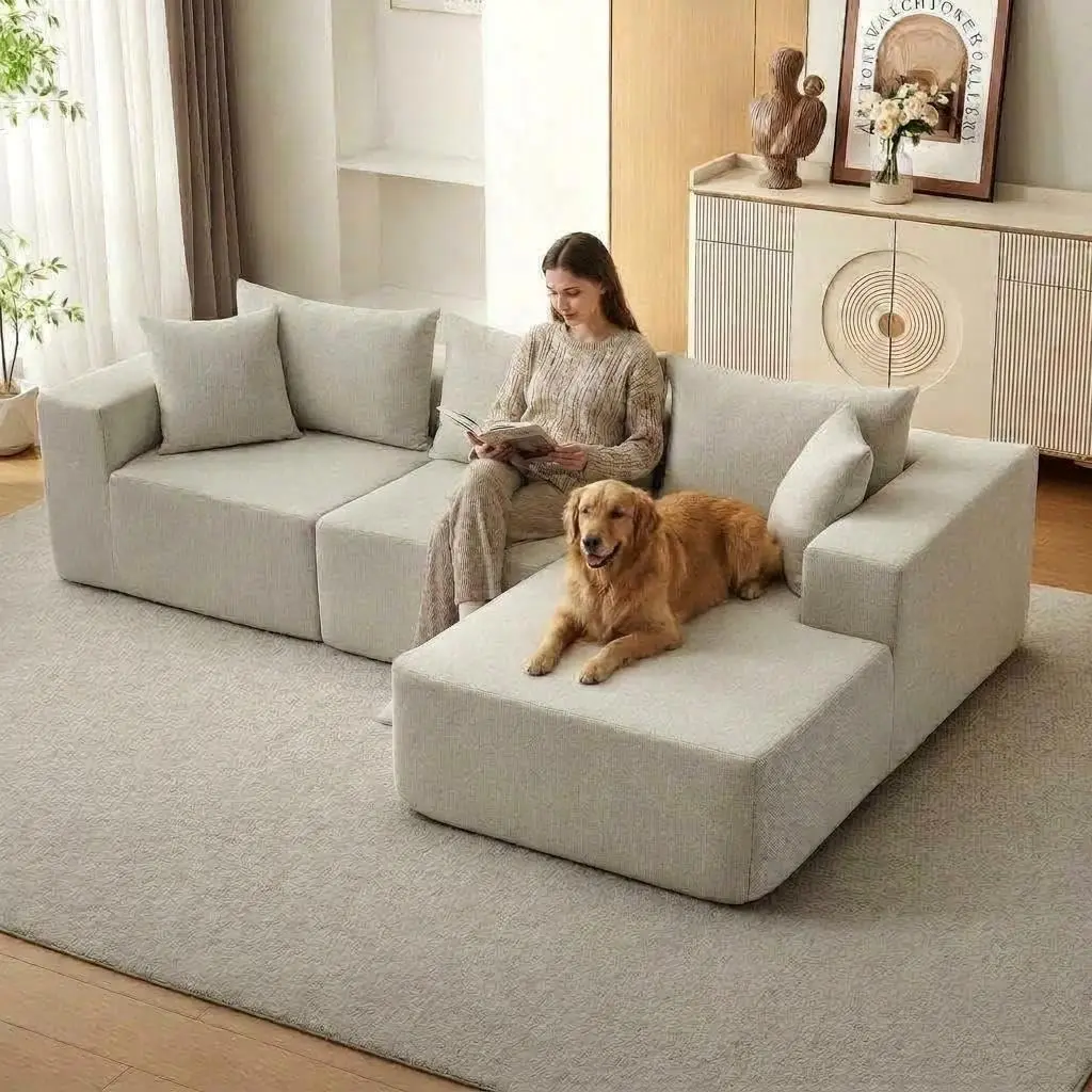 GARVEE 108" L Shaped Boneless Couch, Cotton Linen Fabric Cloud Couch with Right Facing Chaise, No-Assembly Modular Sectional Sofas for Living Room, Beige