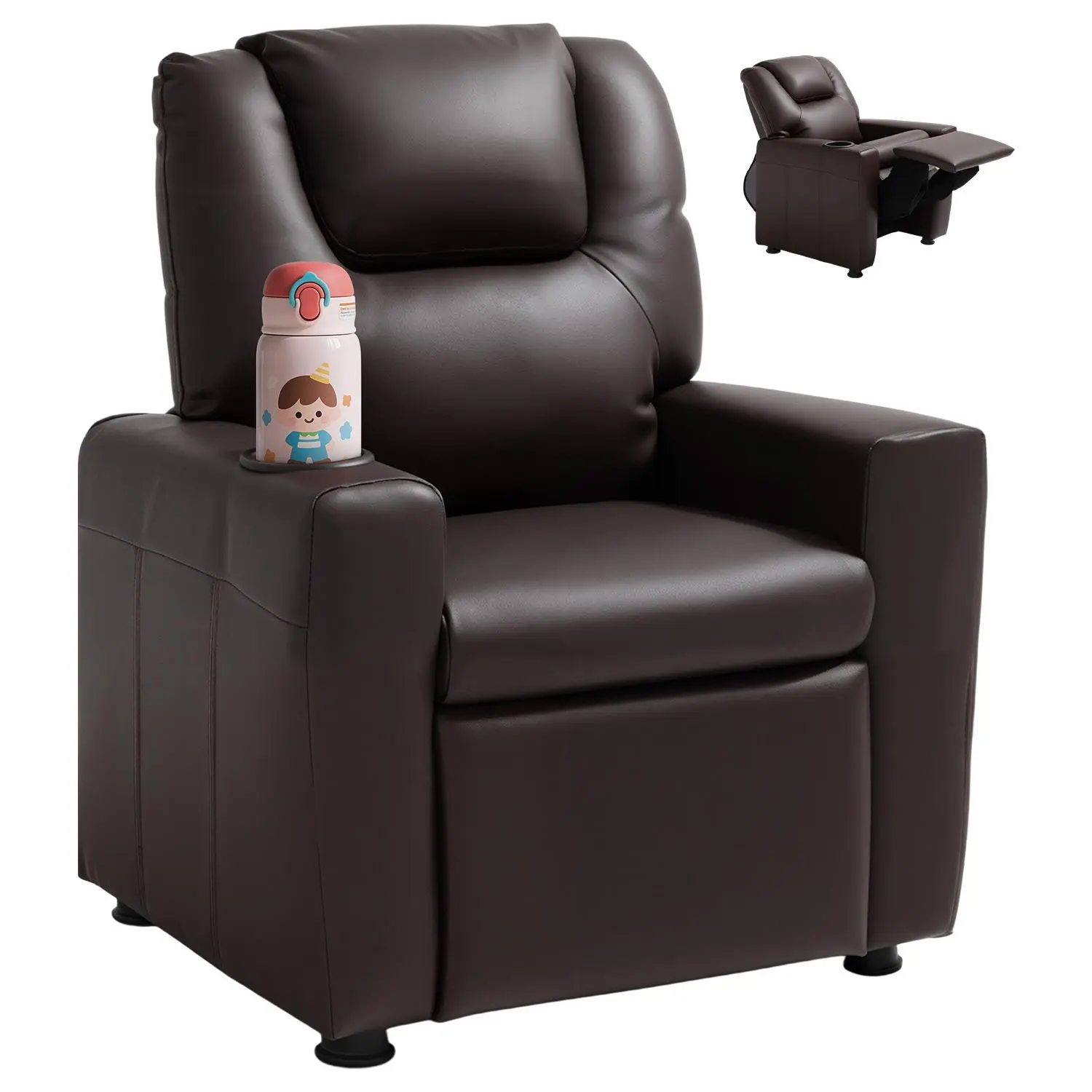 【SummerFinds】VEVOR Child-Size Cozy Reading Rocking Chair, Toddler PU Leather Recliner with Cup Holder, 101°-121° Adjustable Backrest, Footrest, Easy-Clean Surface, 90 lbs Load, Foam-Filled Comfortable Cushioned Chair (Brown), Cozy Reading Chair, Chi